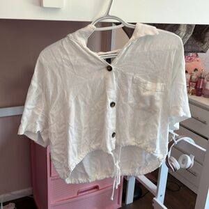 Moa Moa white button down with drawstring cropped blouse